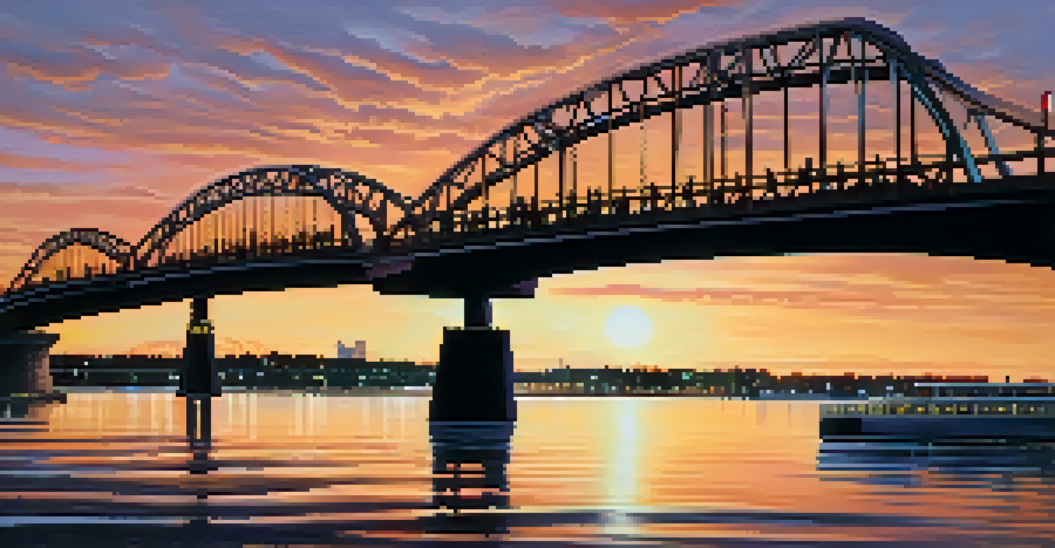 The Peace Bridge at sunset, illuminated and reflecting on the water, with silhouettes of people walking across.