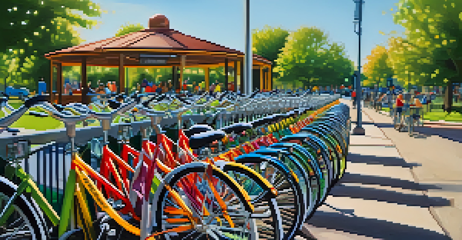 A bike-sharing station with colorful bikes, surrounded by a park and families enjoying their day.