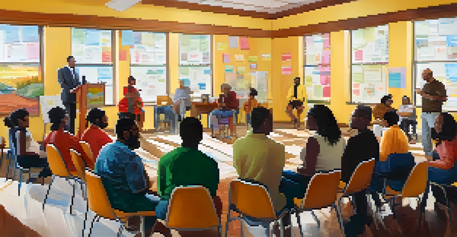 A community meeting in Buffalo with diverse individuals discussing advocacy efforts, filled with charts and posters about social equity.