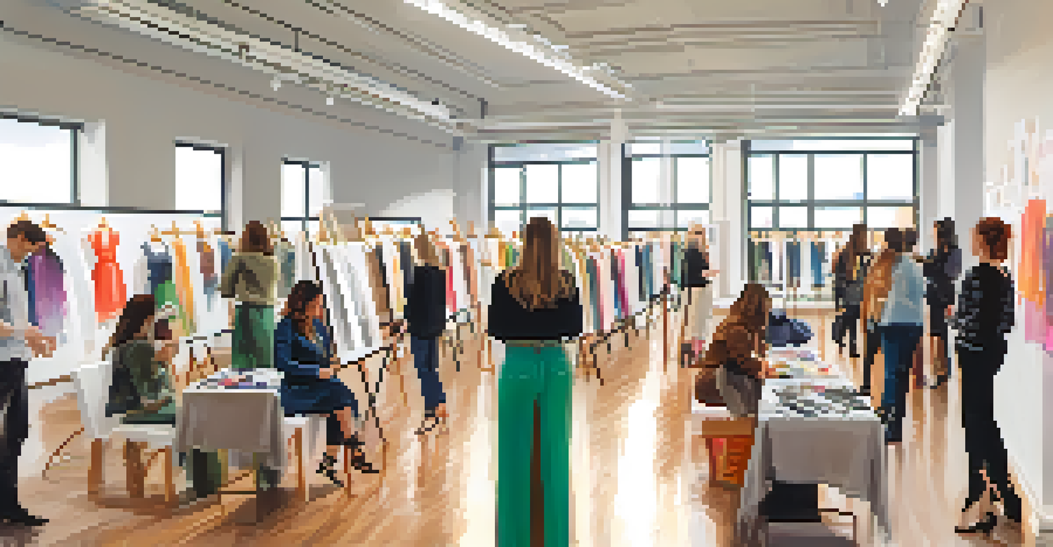 A workshop scene at Buffalo's Fashion Week, featuring attendees learning styling techniques with colorful fabrics and sketches around them.