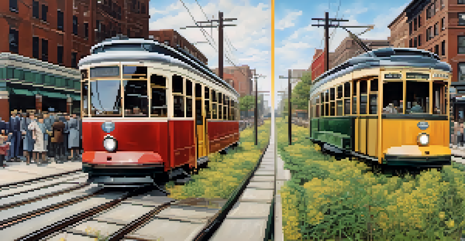 A split image showing a bustling streetcar from the 1920s on one side and an abandoned, overgrown streetcar on the other, illustrating the rise and fall of Buffalo's public transit.
