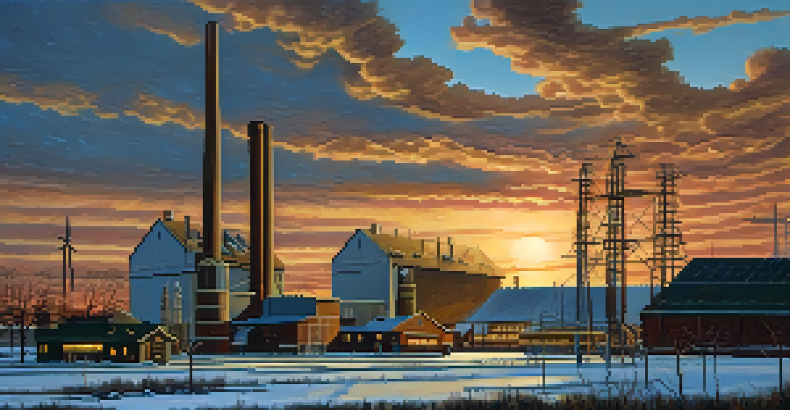 A vintage steel mill in Buffalo contrasted with modern wind turbines and solar panels, symbolizing the evolution of manufacturing towards sustainability.