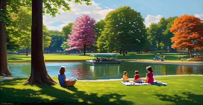 A family picnicking on a green lawn in Delaware Park with children playing and a lake in the background.