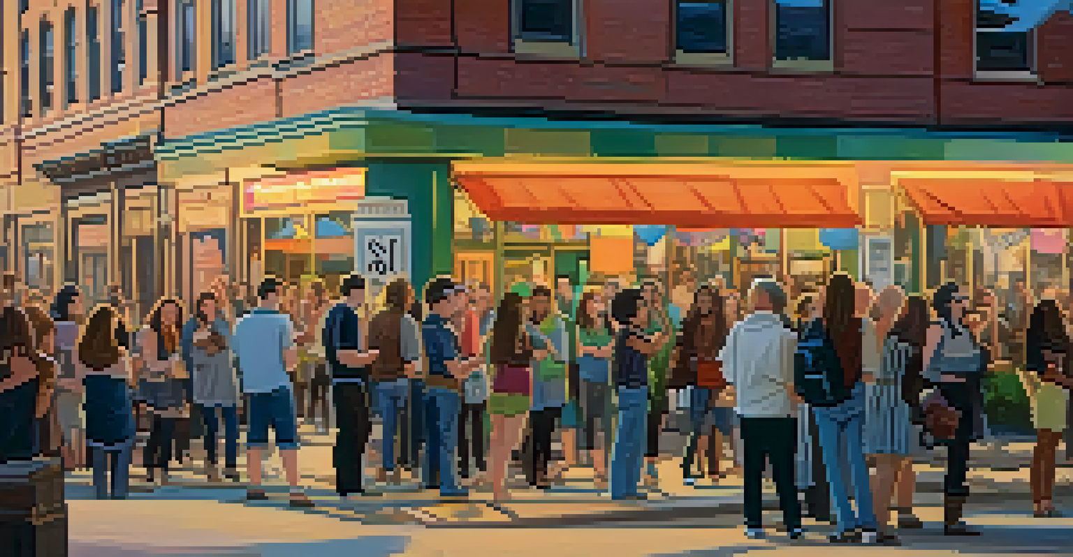 Filmmakers and audience members interacting outside a charming venue during an indie film festival in Buffalo, with colorful banners and soft evening lighting.