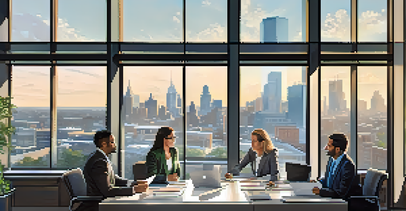 A business meeting in a modern Buffalo office with entrepreneurs discussing with international partners, overlooking the city skyline.