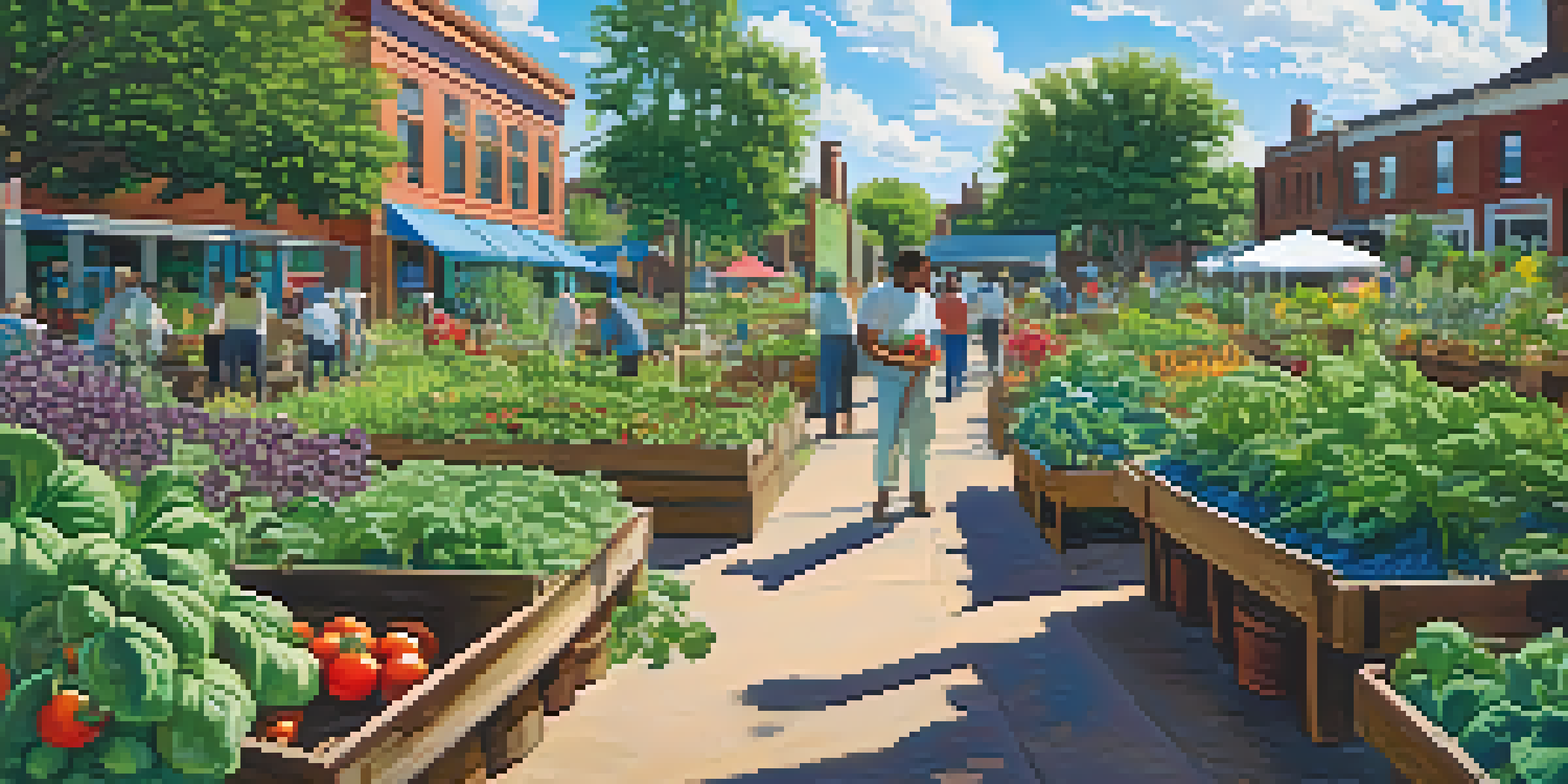 A colorful community garden in Buffalo with diverse crops and immigrant farmers working together under a sunny sky.