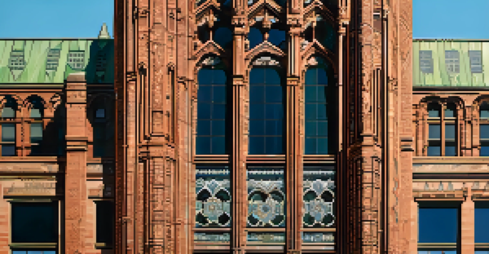 A photo of the Guaranty Building in Buffalo with detailed ornamentation and a clear blue sky.