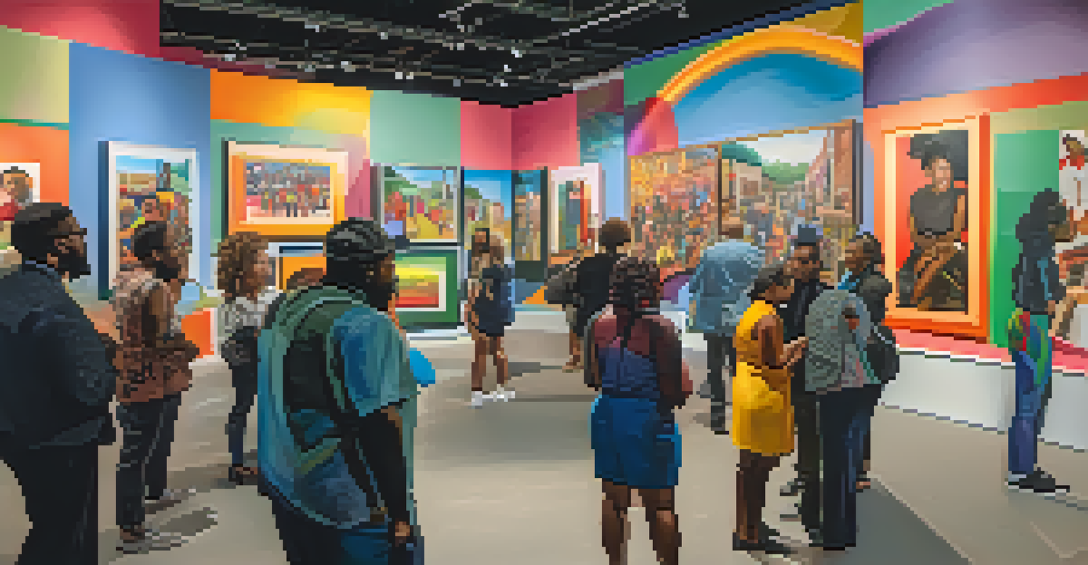 An art exhibition in Buffalo featuring local artists and musicians discussing works that address civil rights themes, illuminated by soft gallery lighting.