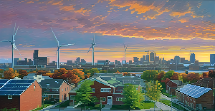 A sunset view of Buffalo's skyline with solar panels on rooftops and wind turbines in the distance.