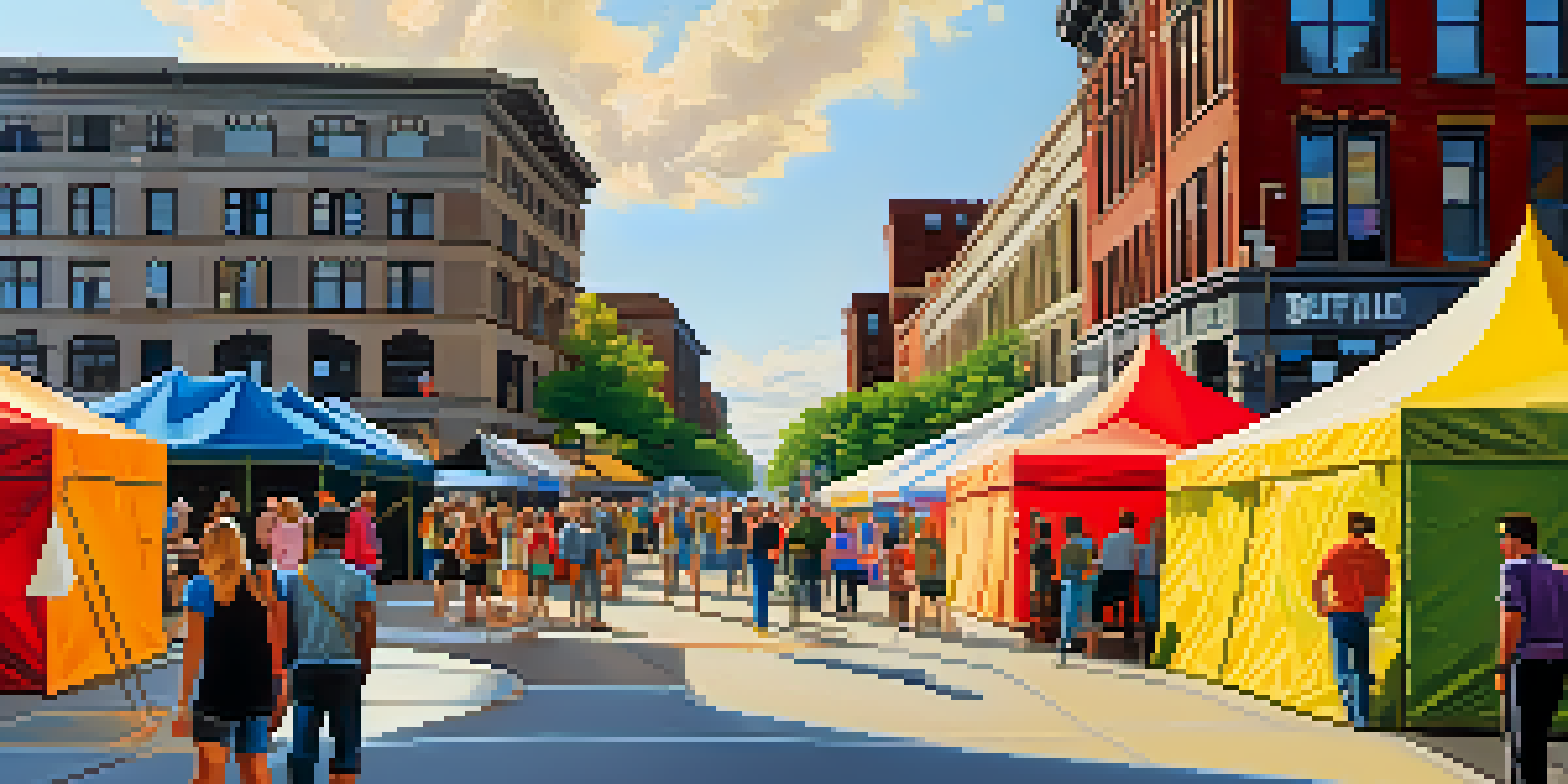 A lively art festival in Buffalo with artists showcasing their abstract expressionist works, colorful tents, and historical architecture in the background.