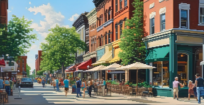 A lively street in Buffalo with restored historic buildings, outdoor cafes, and trees, illuminated by warm sunlight.