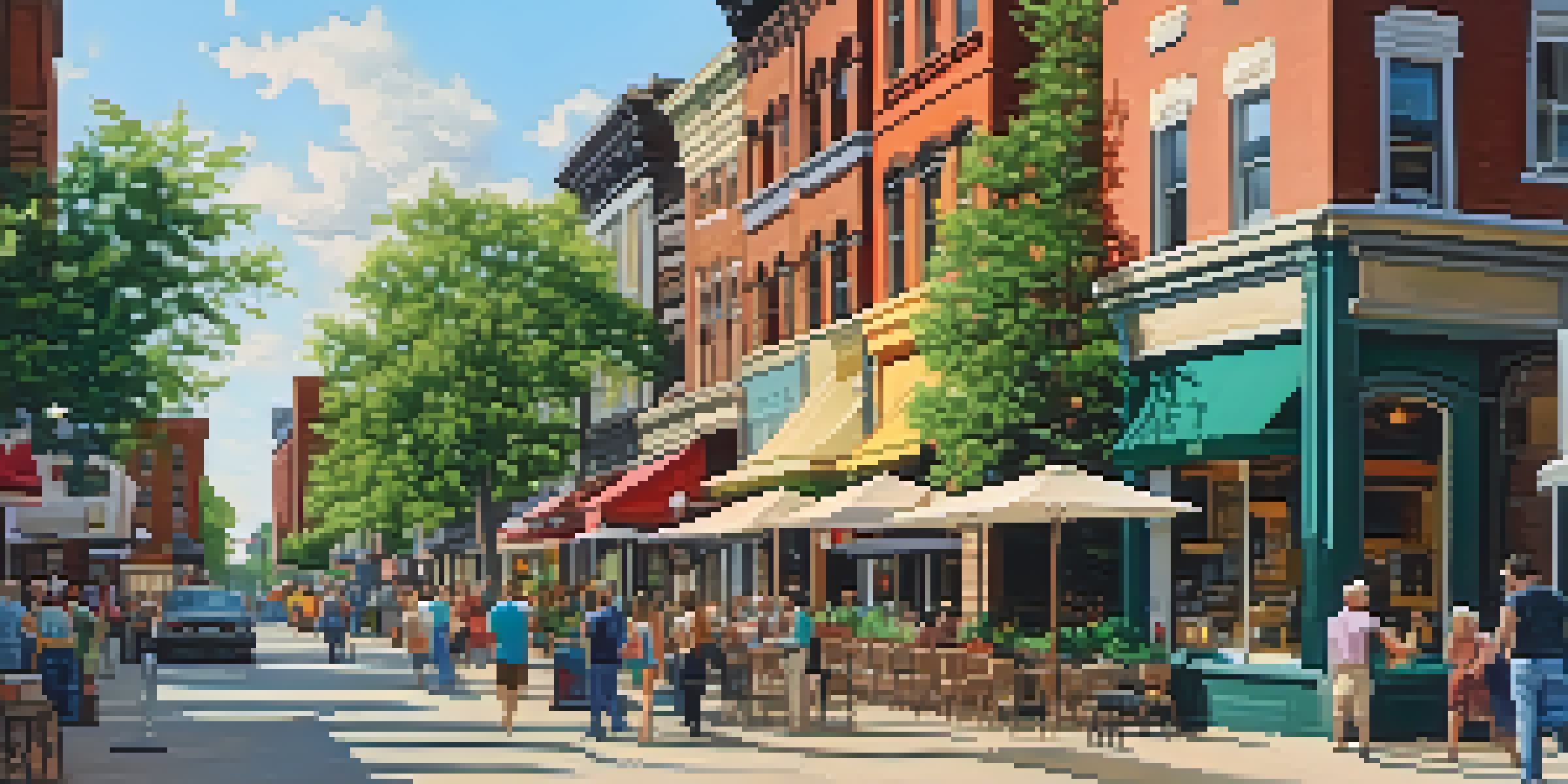 A lively street in Buffalo with restored historic buildings, outdoor cafes, and trees, illuminated by warm sunlight.