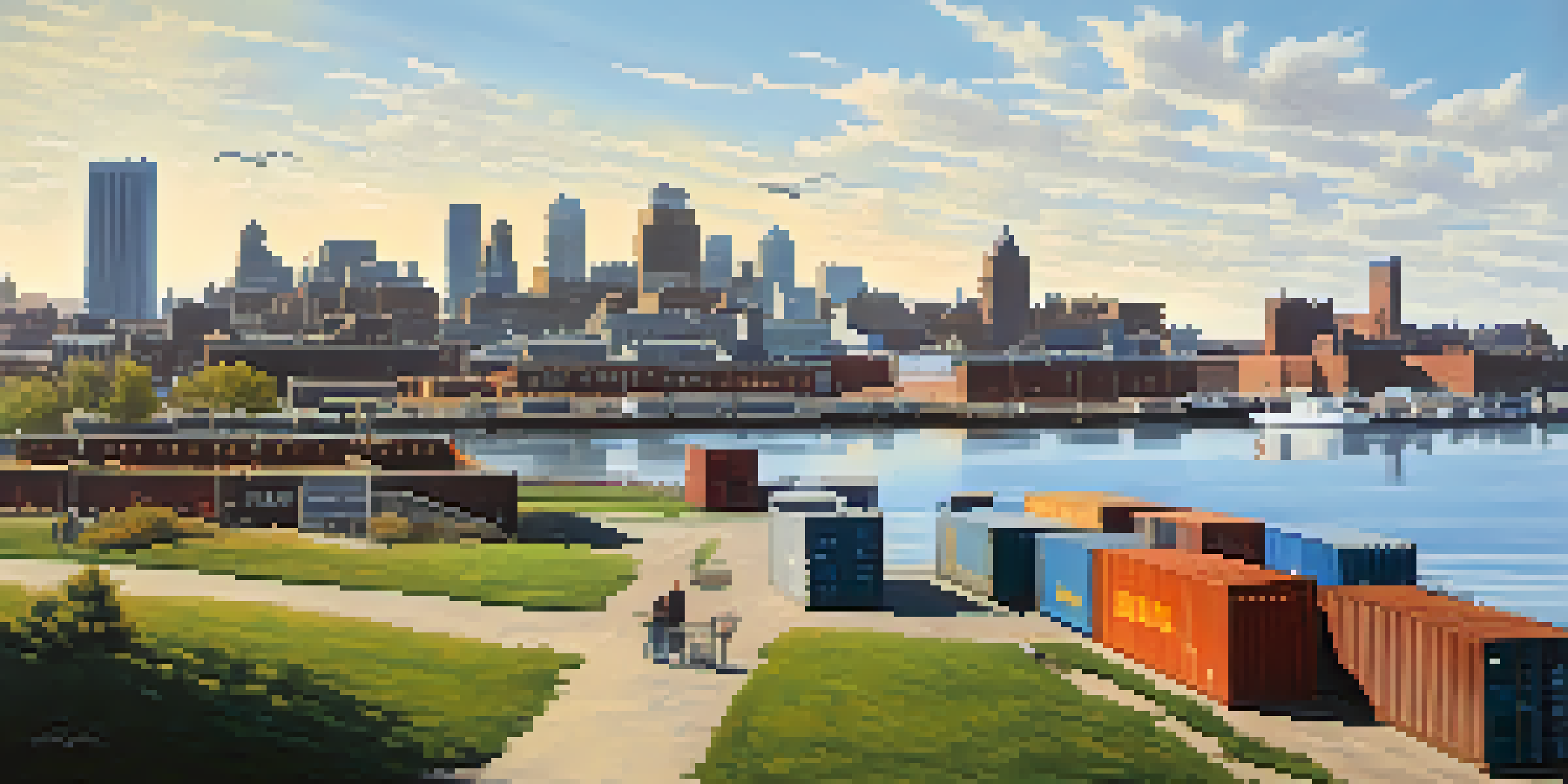 A panoramic view of Buffalo's waterfront with historic warehouses, modern shipping containers, and the city skyline under a clear blue sky.