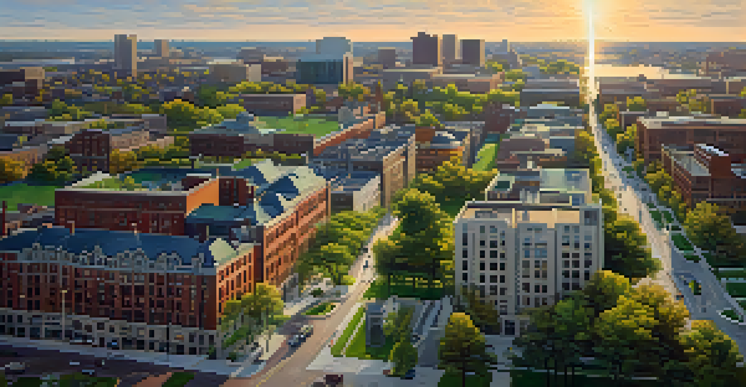 An aerial view of Buffalo showing a blend of historic buildings and modern developments with green spaces, illuminated by warm golden hour light.