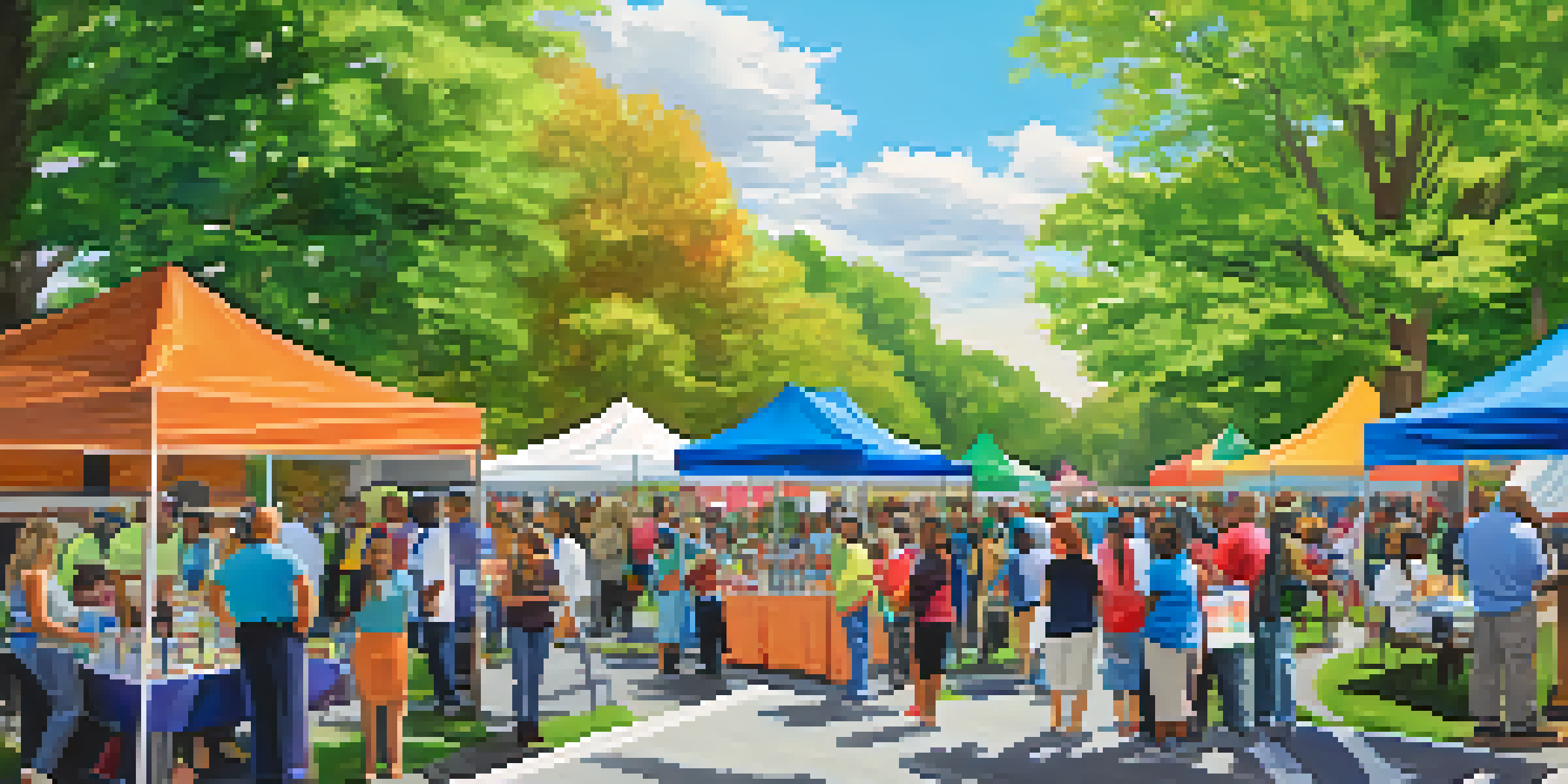 A lively community health fair in a park, with colorful booths and families interacting with health professionals.