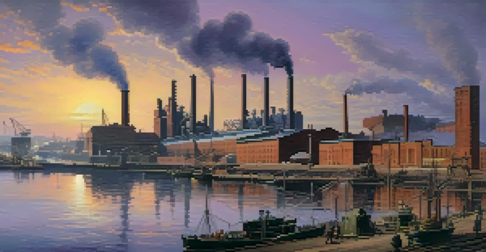 A historical scene of Buffalo during the late 19th century, with grain elevators, steam-powered ships, and workers in period clothing under a colorful sunset sky.