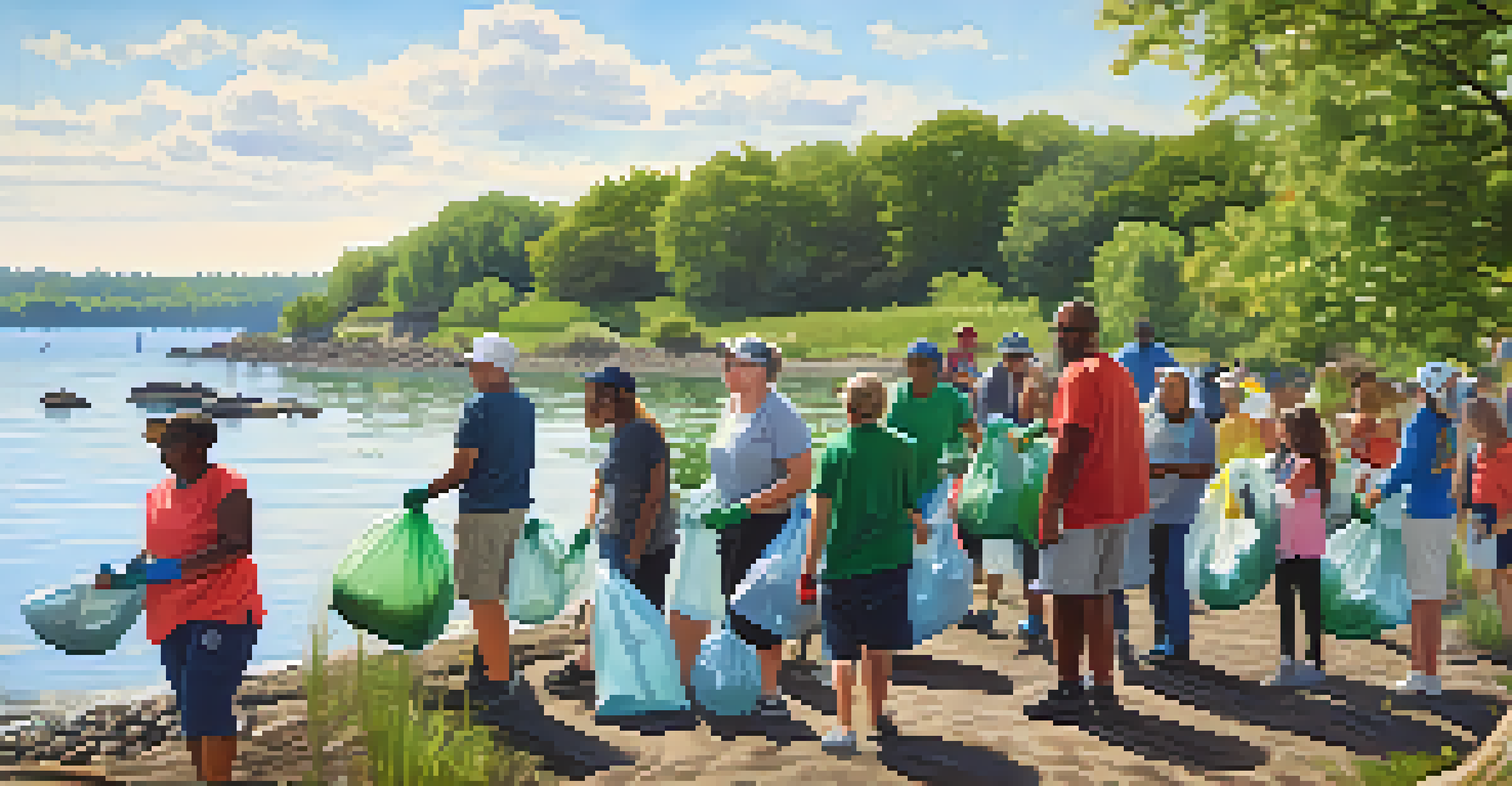A diverse group of community members engaging in a shoreline cleanup along Lake Erie, with greenery and sparkling water in the background.
