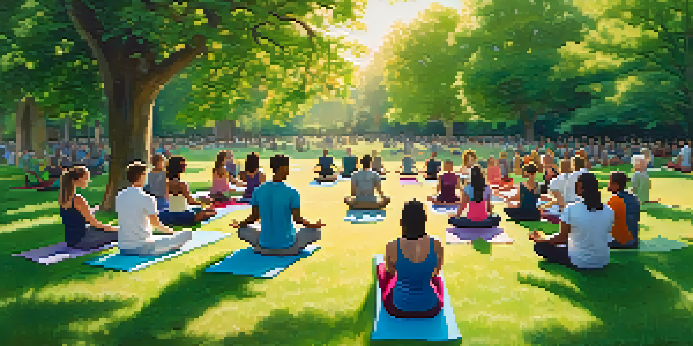 A diverse group of people meditating together in a sunny park surrounded by trees.
