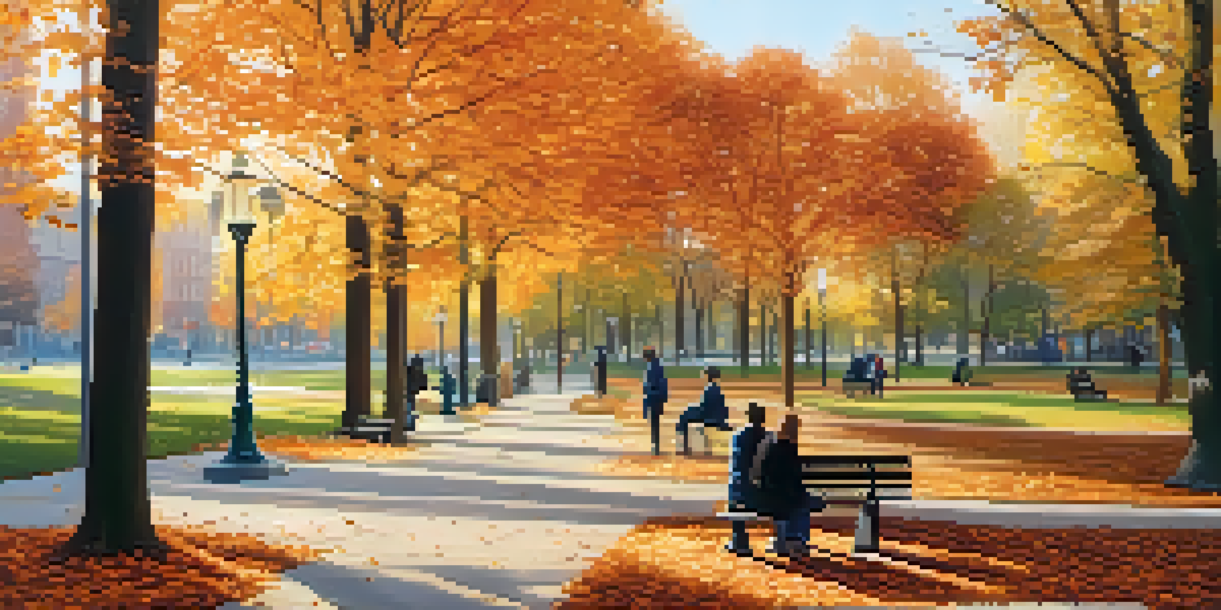 A peaceful park in Buffalo with colorful autumn leaves and people talking on a bench.