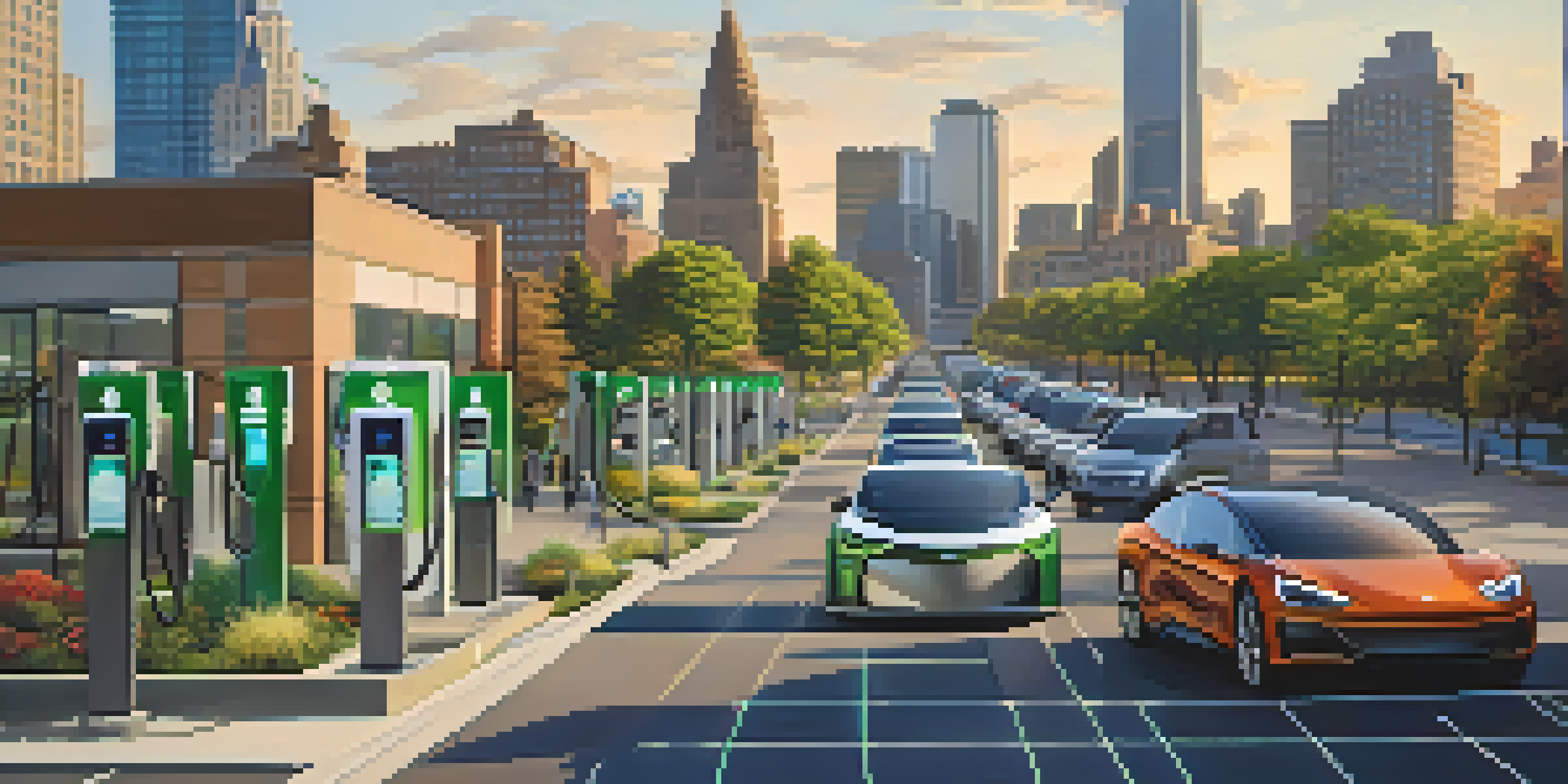 A city scene in Buffalo with electric vehicles at charging stations and a view of modern buildings under soft sunlight.