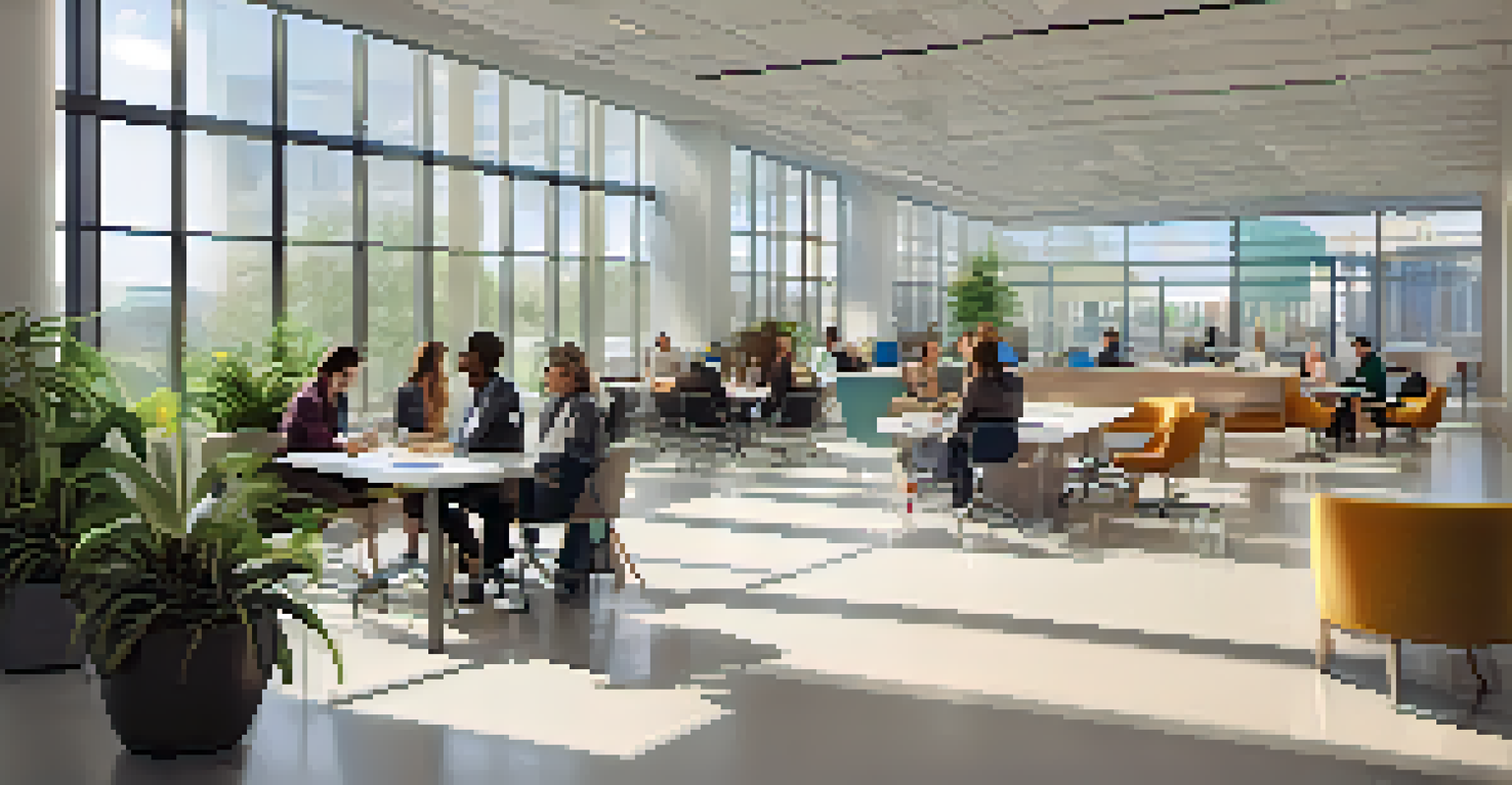 An interior view of a collaborative workspace at Buffalo Niagara Medical Campus, showcasing researchers discussing in a bright and modern environment.