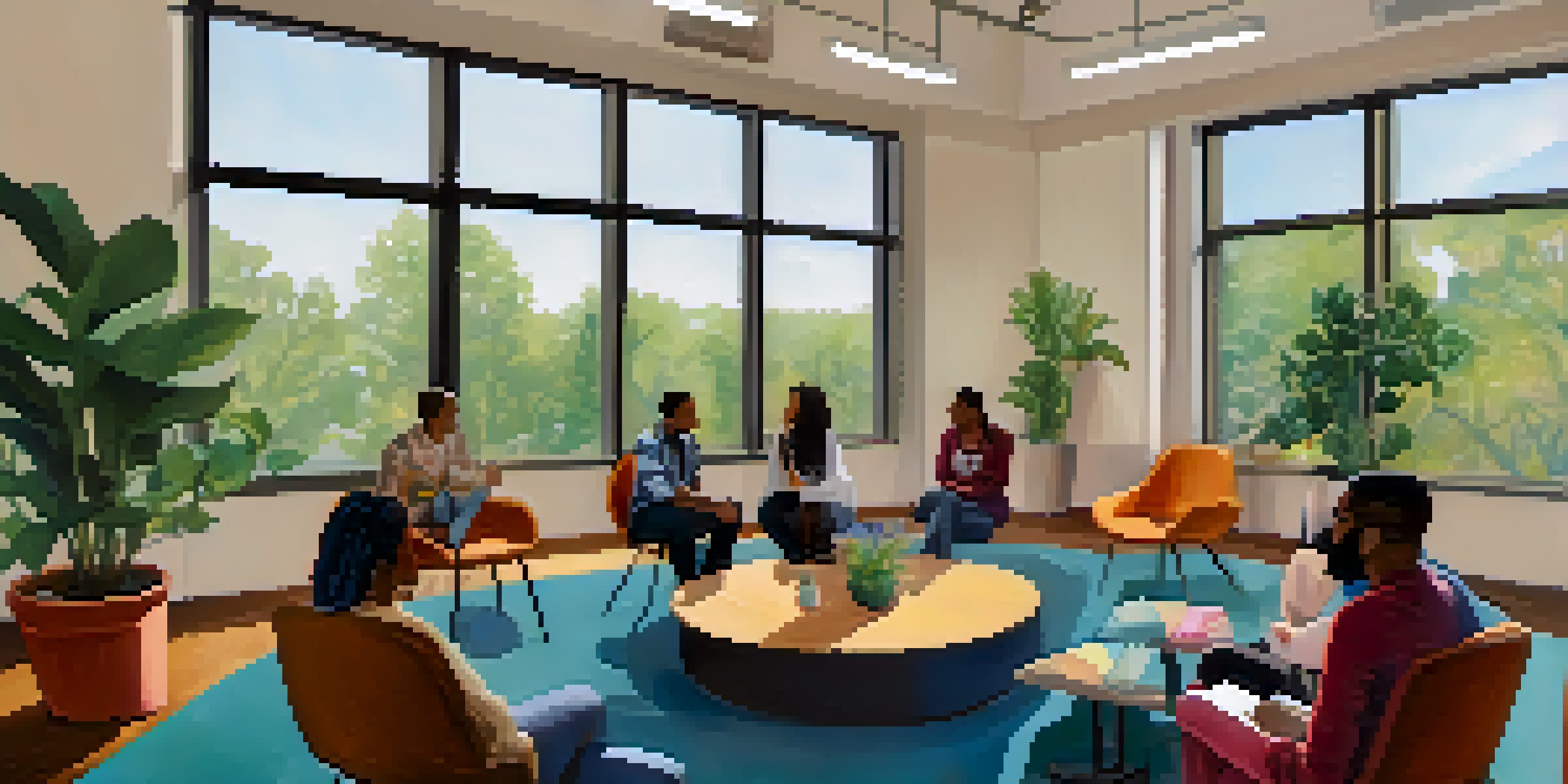 A community center with a group of diverse individuals engaged in a supportive discussion about mental health, surrounded by plants and colorful decorations.