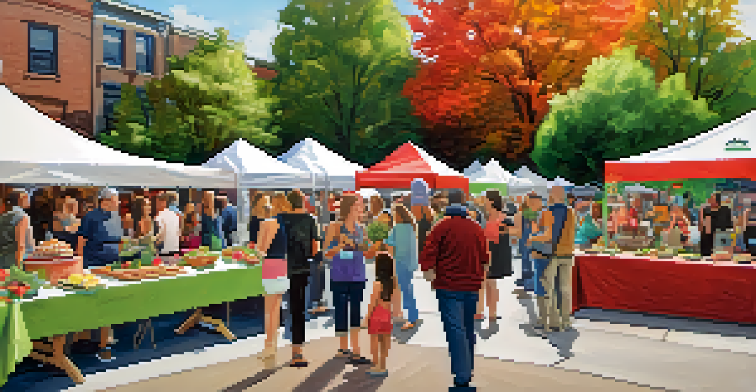 A lively community event in Buffalo with people sampling food from local vendors, colorful decorations, and cooking demonstrations happening in the background.