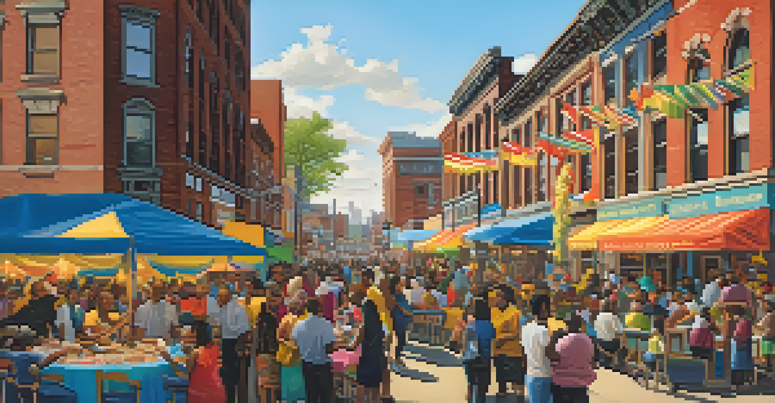 A community gathering in Buffalo with diverse people sharing food and stories, colorful decorations, and historic buildings in the background.