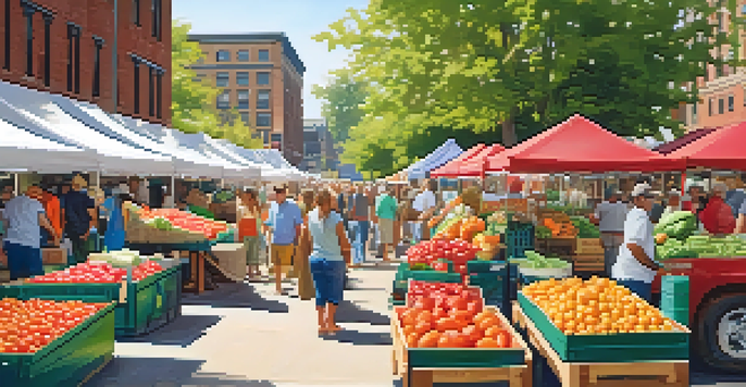 A lively farmers' market featuring colorful fruits and vegetables, with community members interacting under warm sunlight.