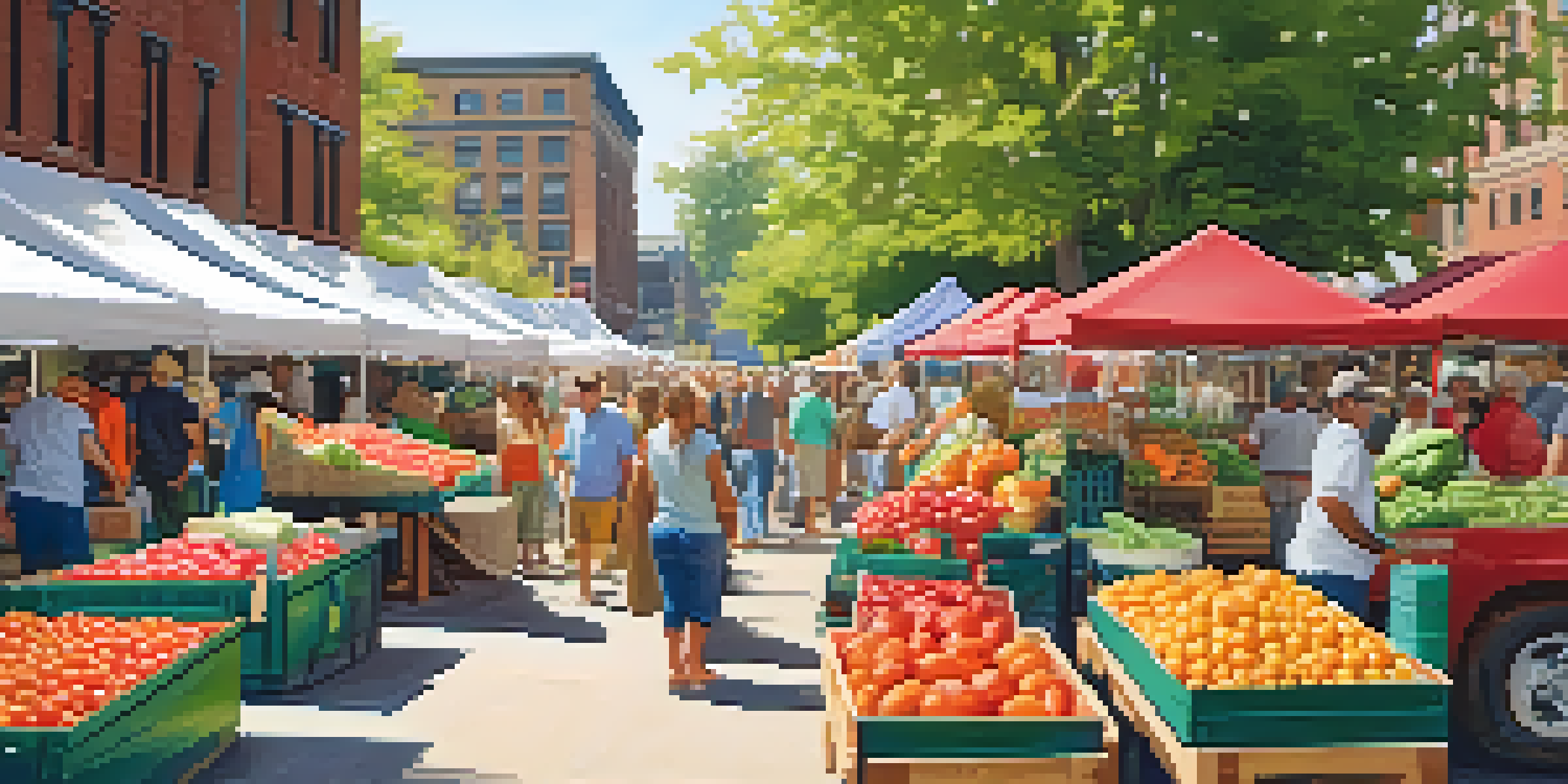 A lively farmers' market featuring colorful fruits and vegetables, with community members interacting under warm sunlight.