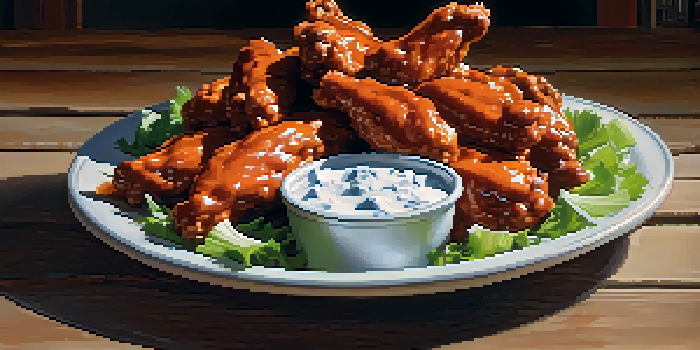 A plate of Buffalo wings with spicy sauce, blue cheese dressing, and celery sticks on a wooden table.