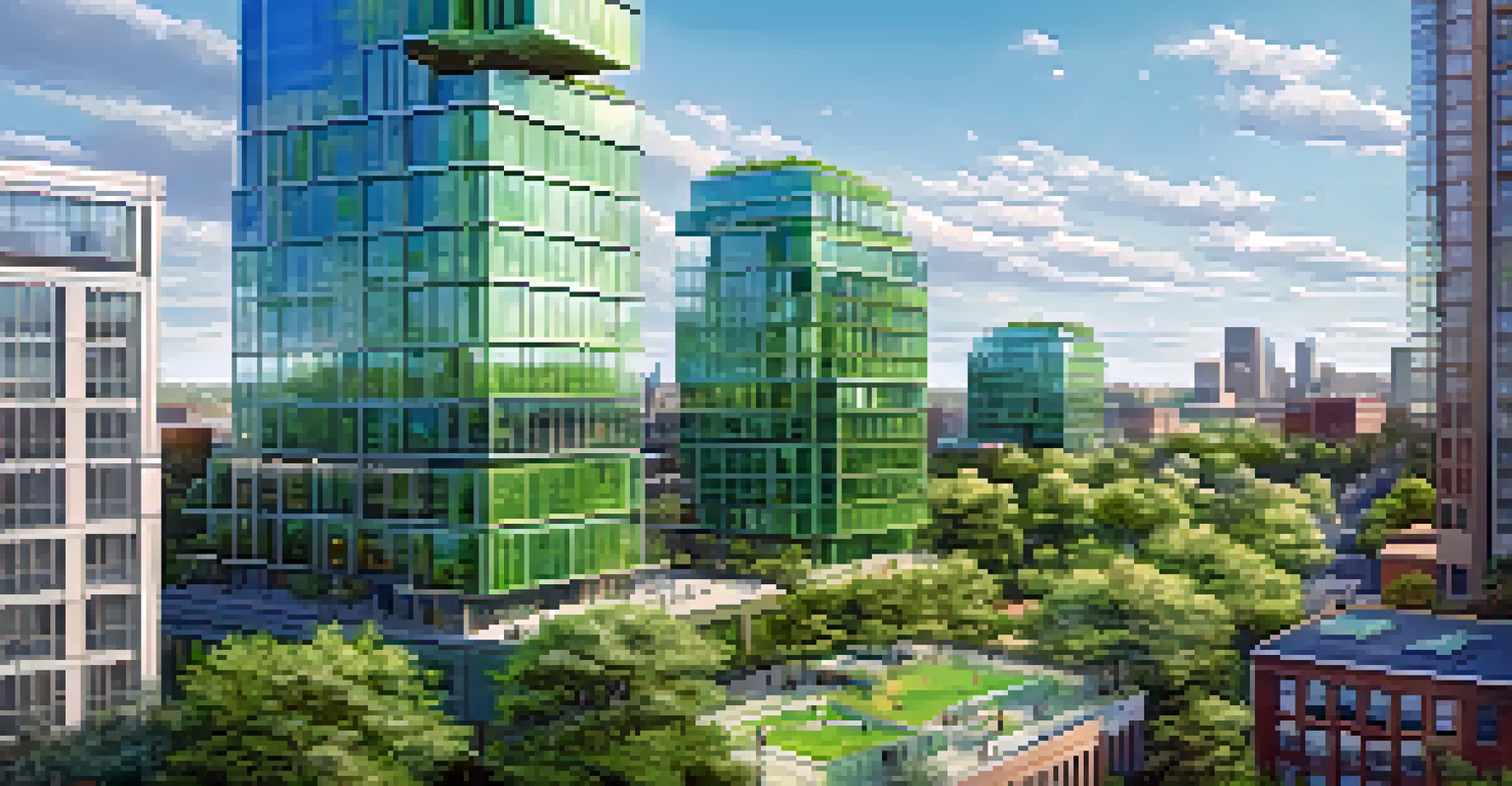 A panoramic view of Buffalo's skyline featuring modern green buildings with solar panels and green roofs, surrounded by greenery and parks under a clear sky.
