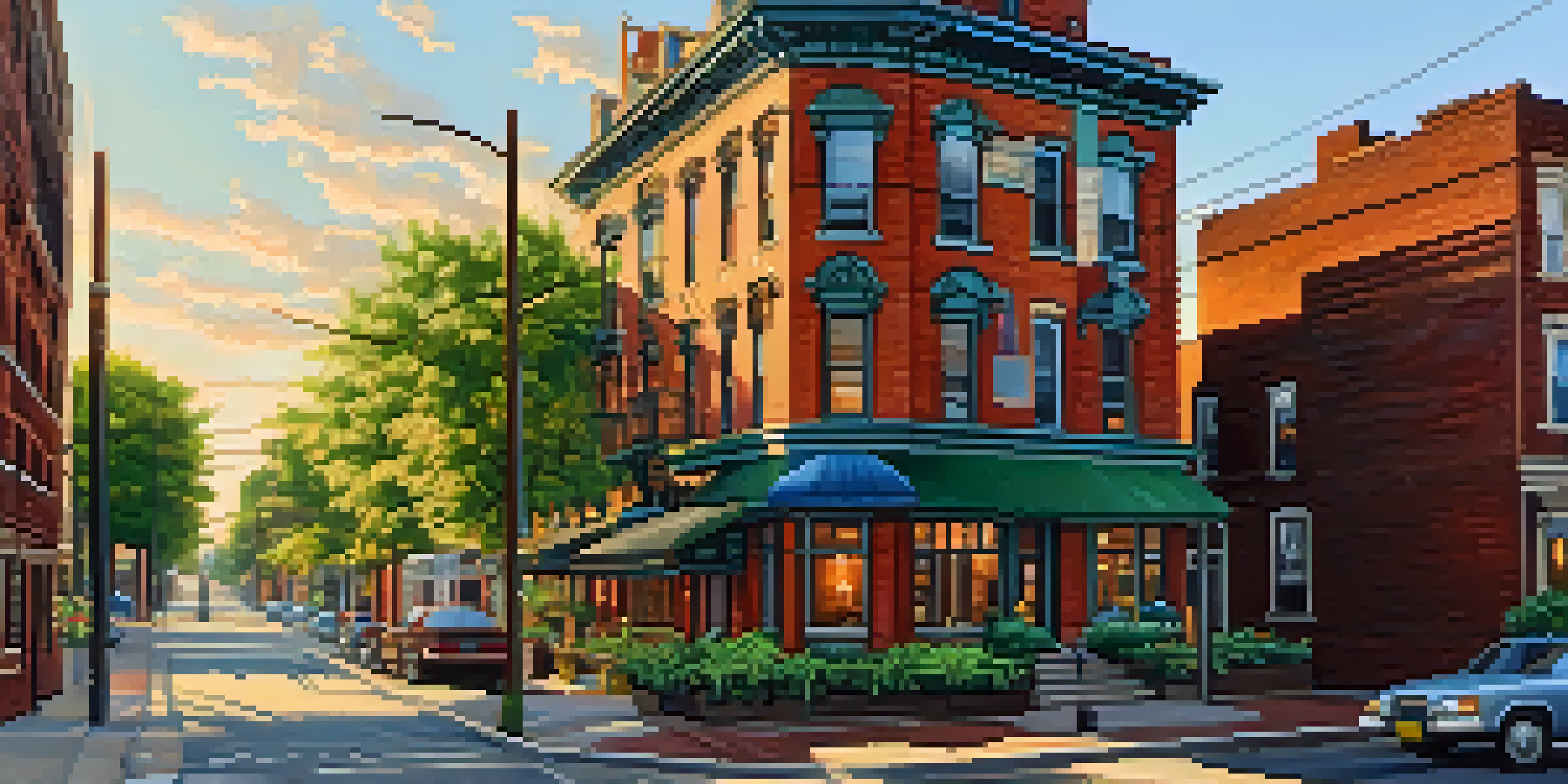 A historic street in Buffalo, New York, with Victorian-style buildings and people walking.