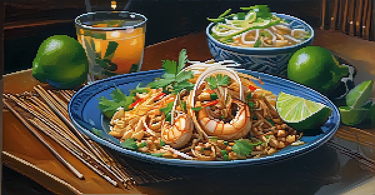 A beautifully presented plate of pad thai with lime wedges in a Thai restaurant setting.