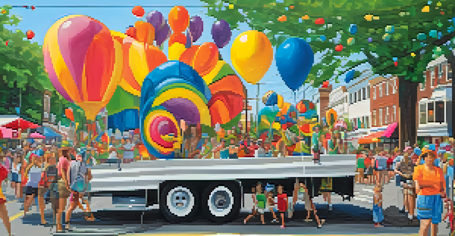 An artistic parade scene with local artists painting and colorful floats filled with art, showcasing the Allentown Art Festival in Buffalo.