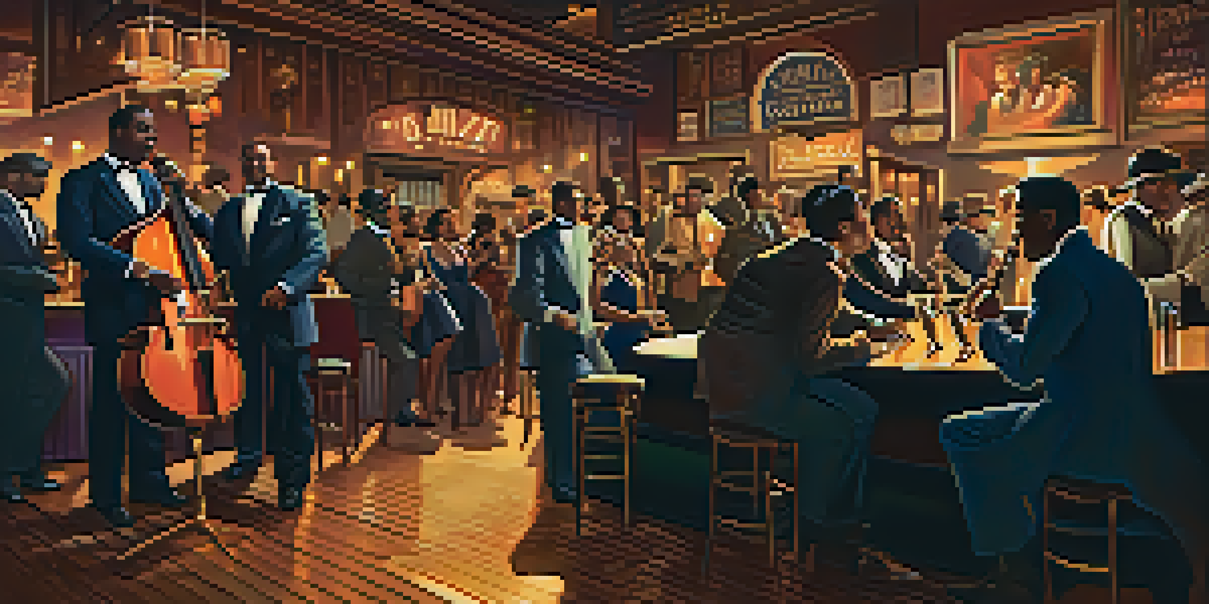 A lively jazz club with a band performing on stage, patrons enjoying the music, and warm lighting creating a cozy atmosphere.