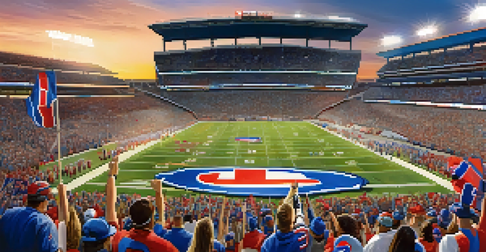 Excited sports fans in Buffalo Bills jerseys at New Era Field during a game, with a sunset in the background.
