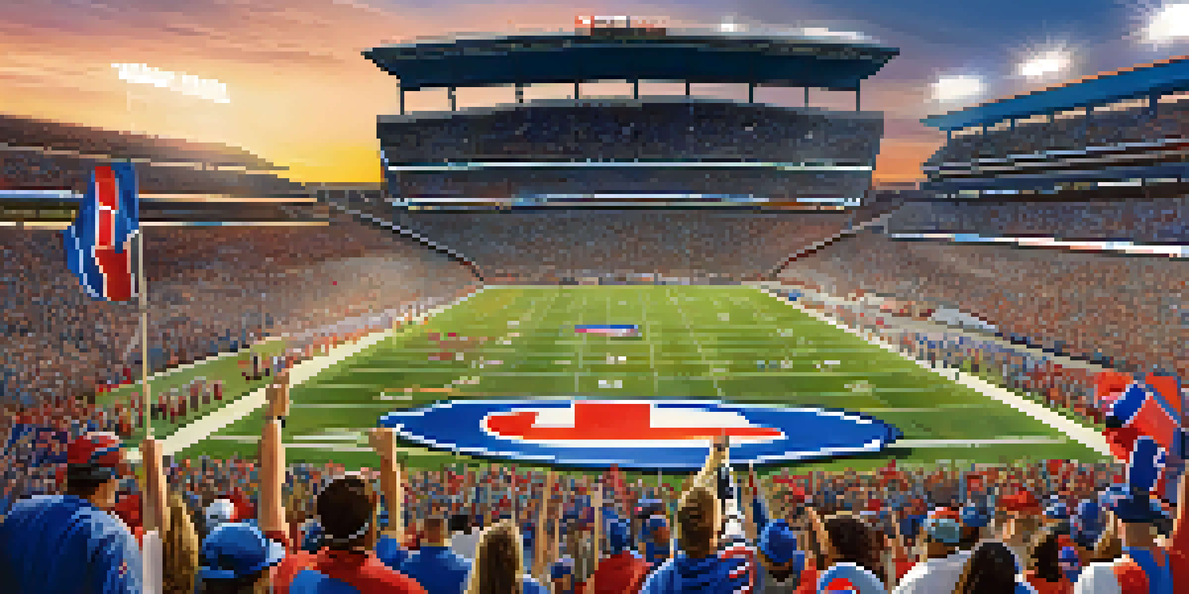 Excited sports fans in Buffalo Bills jerseys at New Era Field during a game, with a sunset in the background.