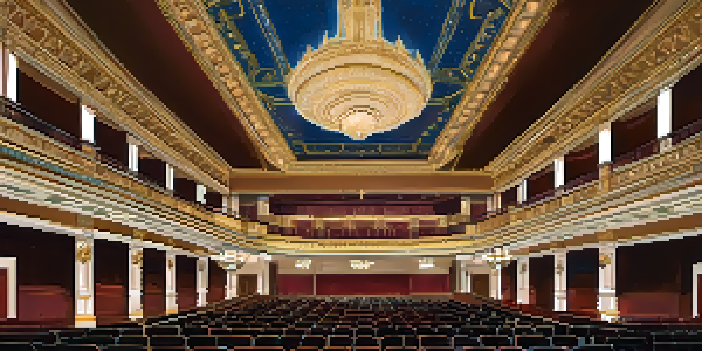 Interior view of Shea's Performing Arts Center featuring an ornate lobby with a grand chandelier and plush seating under warm lighting.