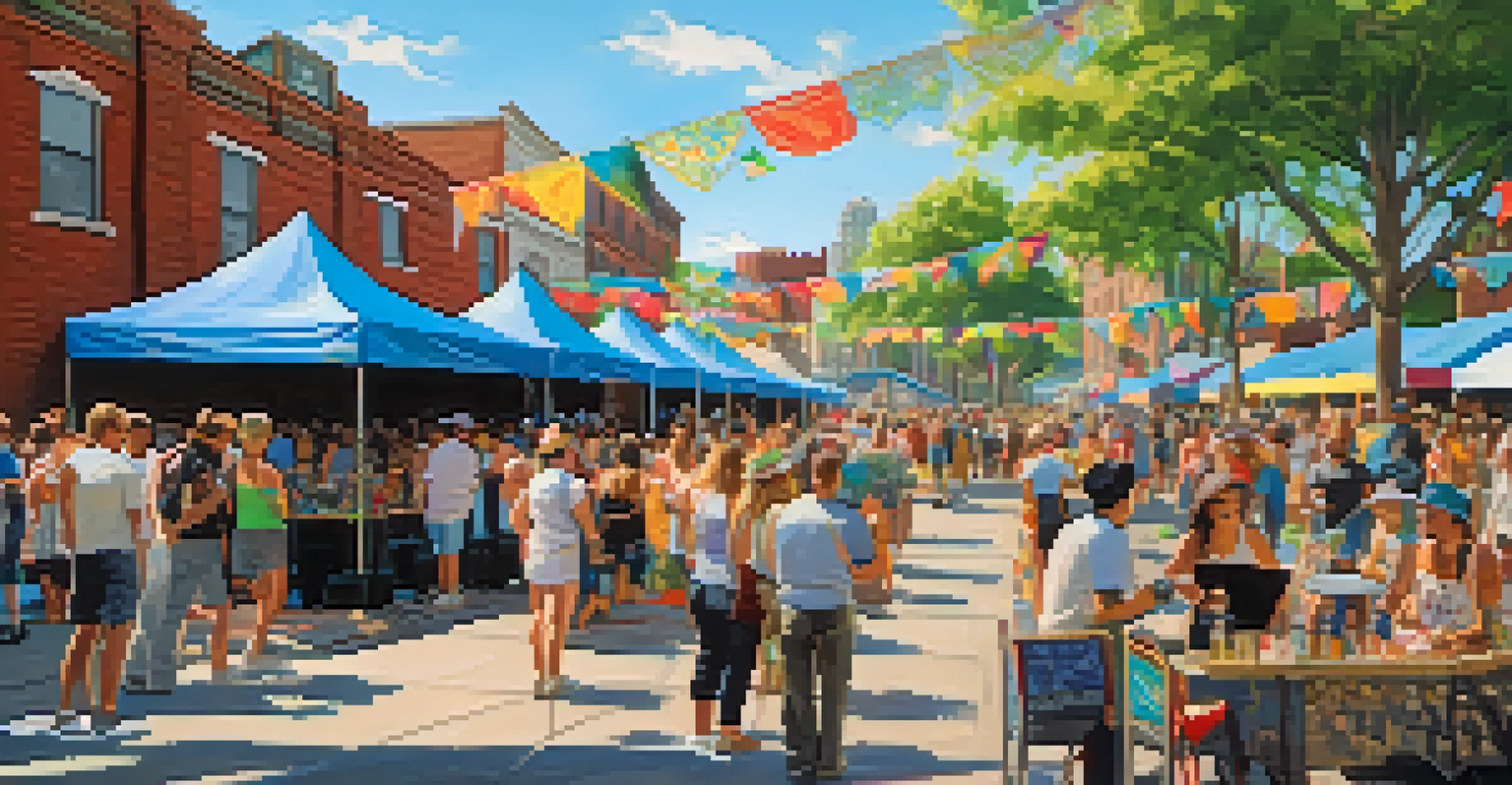 An outdoor festival in Buffalo's Arts District with art booths, diverse attendees, and live music against a clear blue sky.