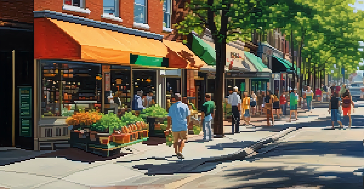 A lively urban scene in Buffalo with colorful shops and restaurants, people walking, and sunlight illuminating the street.