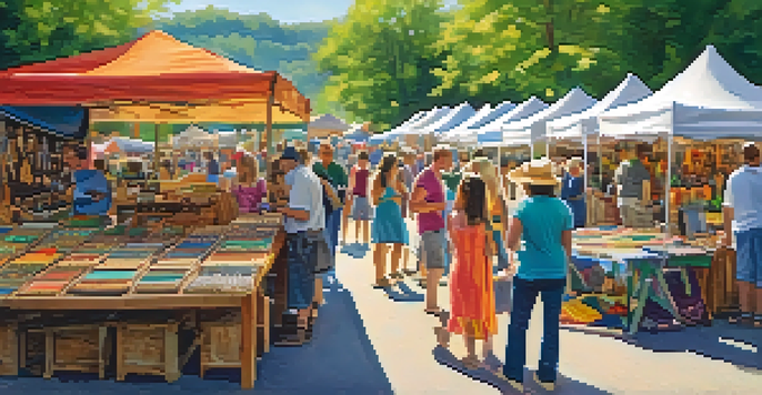 A lively outdoor arts and crafts festival with colorful booths, families exploring, and musicians performing under sunny skies.