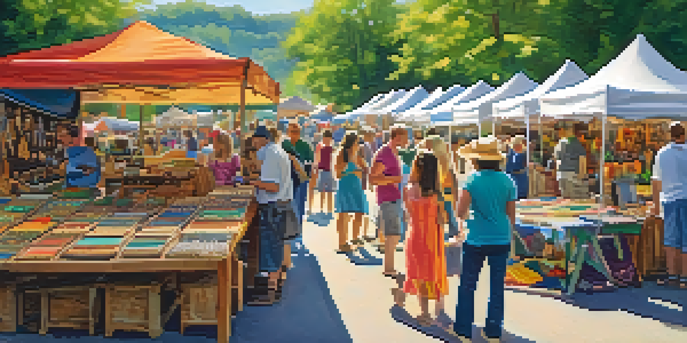 A lively outdoor arts and crafts festival with colorful booths, families exploring, and musicians performing under sunny skies.