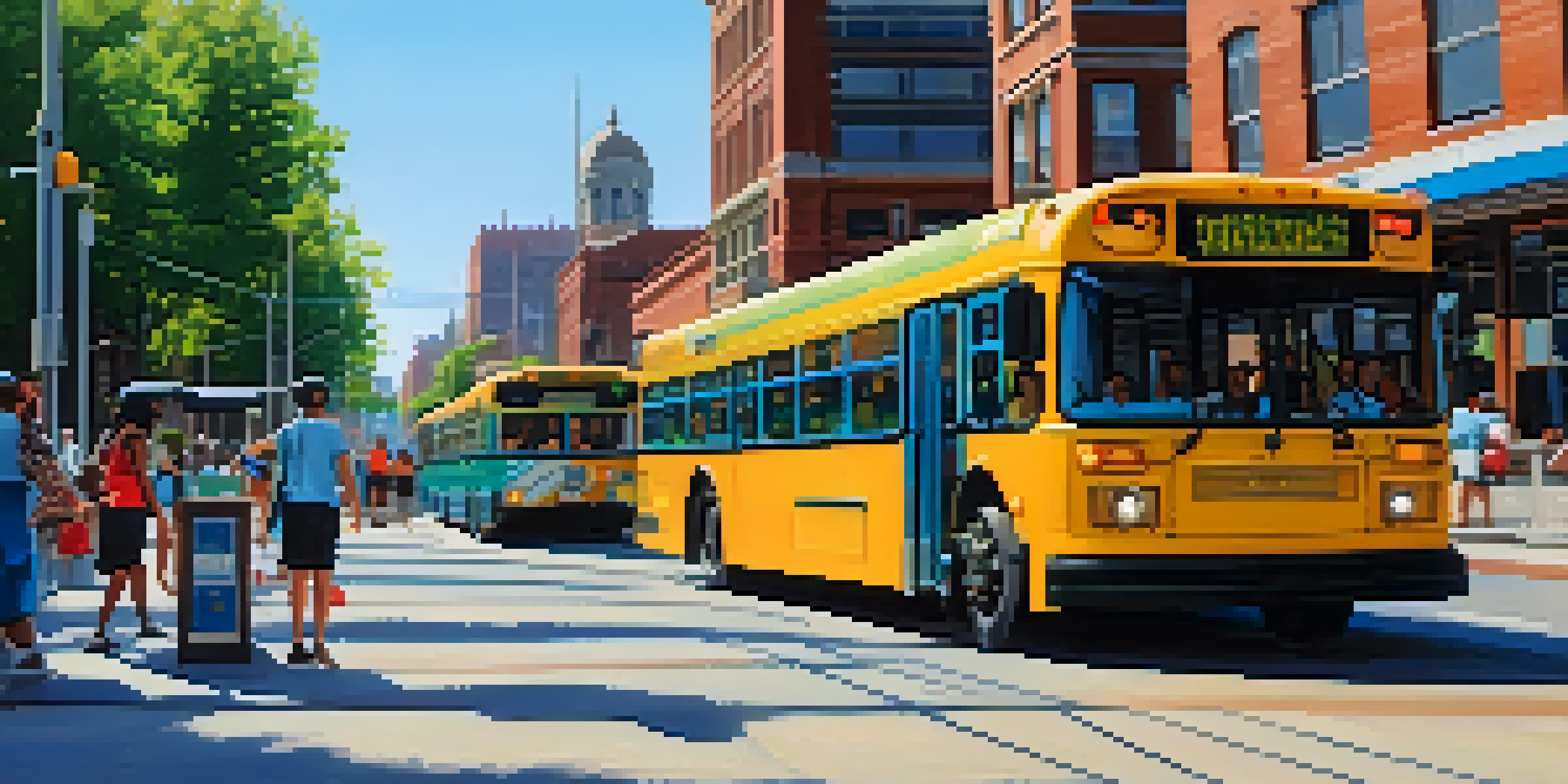 A vibrant urban scene in Buffalo with electric buses, greenery, and diverse commuters using smartphones at a bus stop.