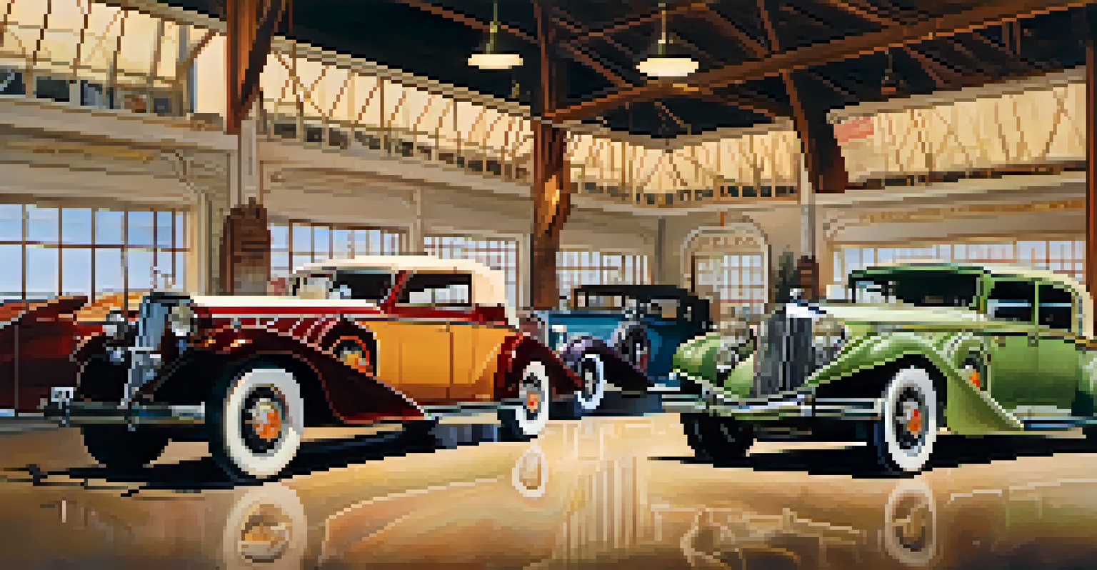 Interior view of the Buffalo Transportation Museum with classic Pierce-Arrow cars lined up, softly lit to highlight their details.