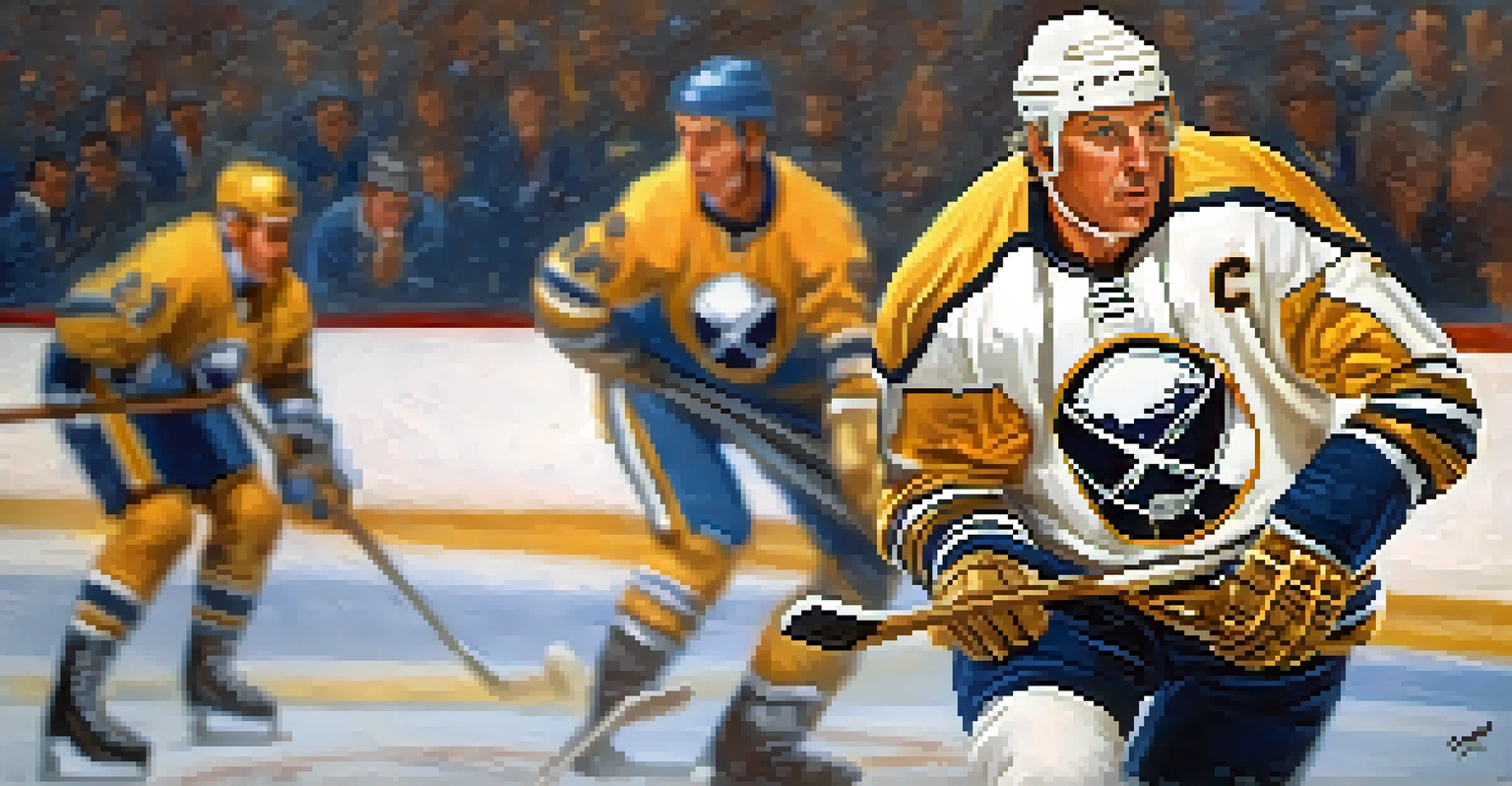 A close-up of Gilbert Perreault, a legendary hockey player, in action on the ice in a Buffalo Sabres jersey.