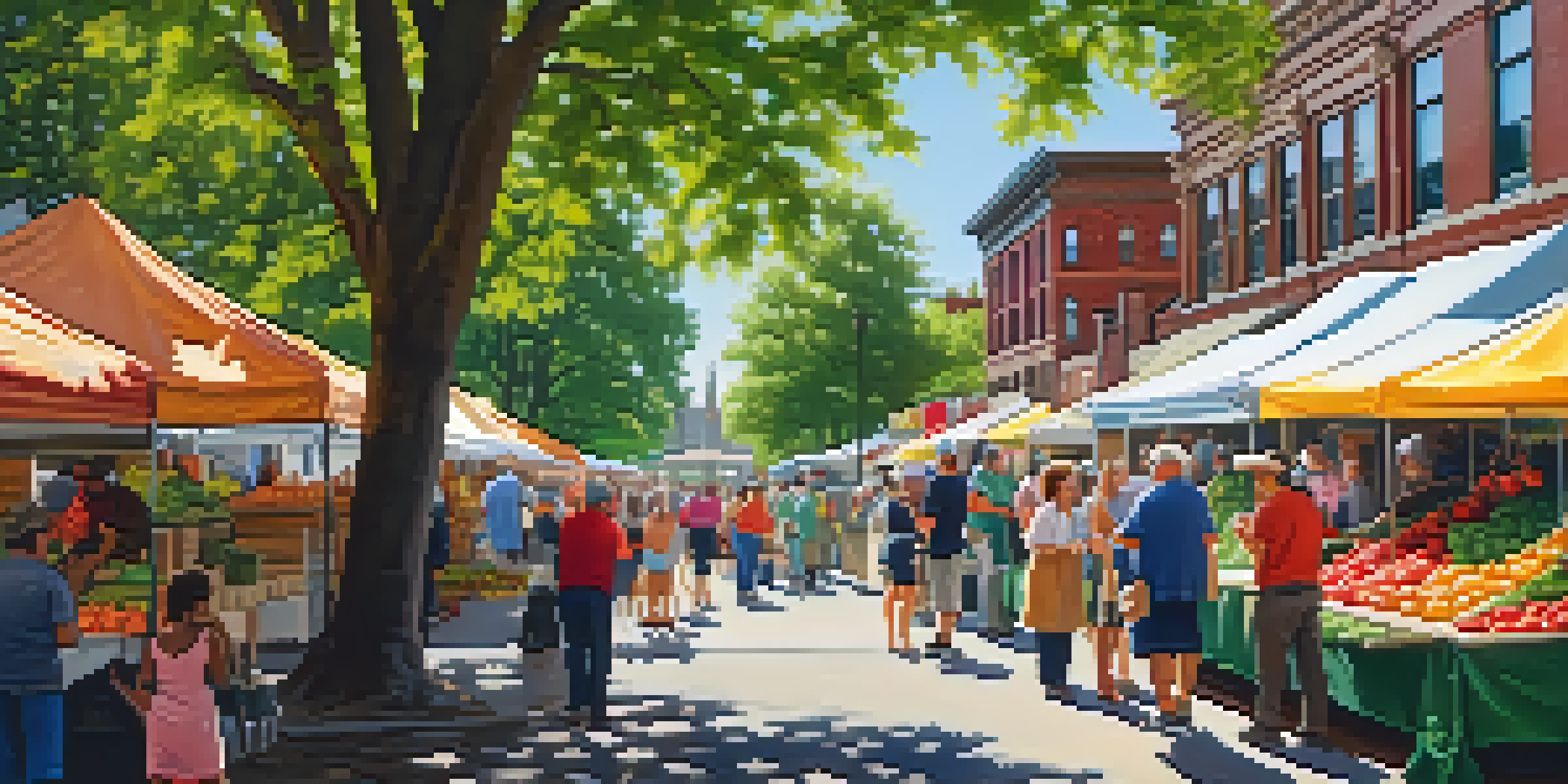 A lively farmers market featuring colorful stalls of fresh produce and friendly vendors, set against a backdrop of historic buildings and green trees.