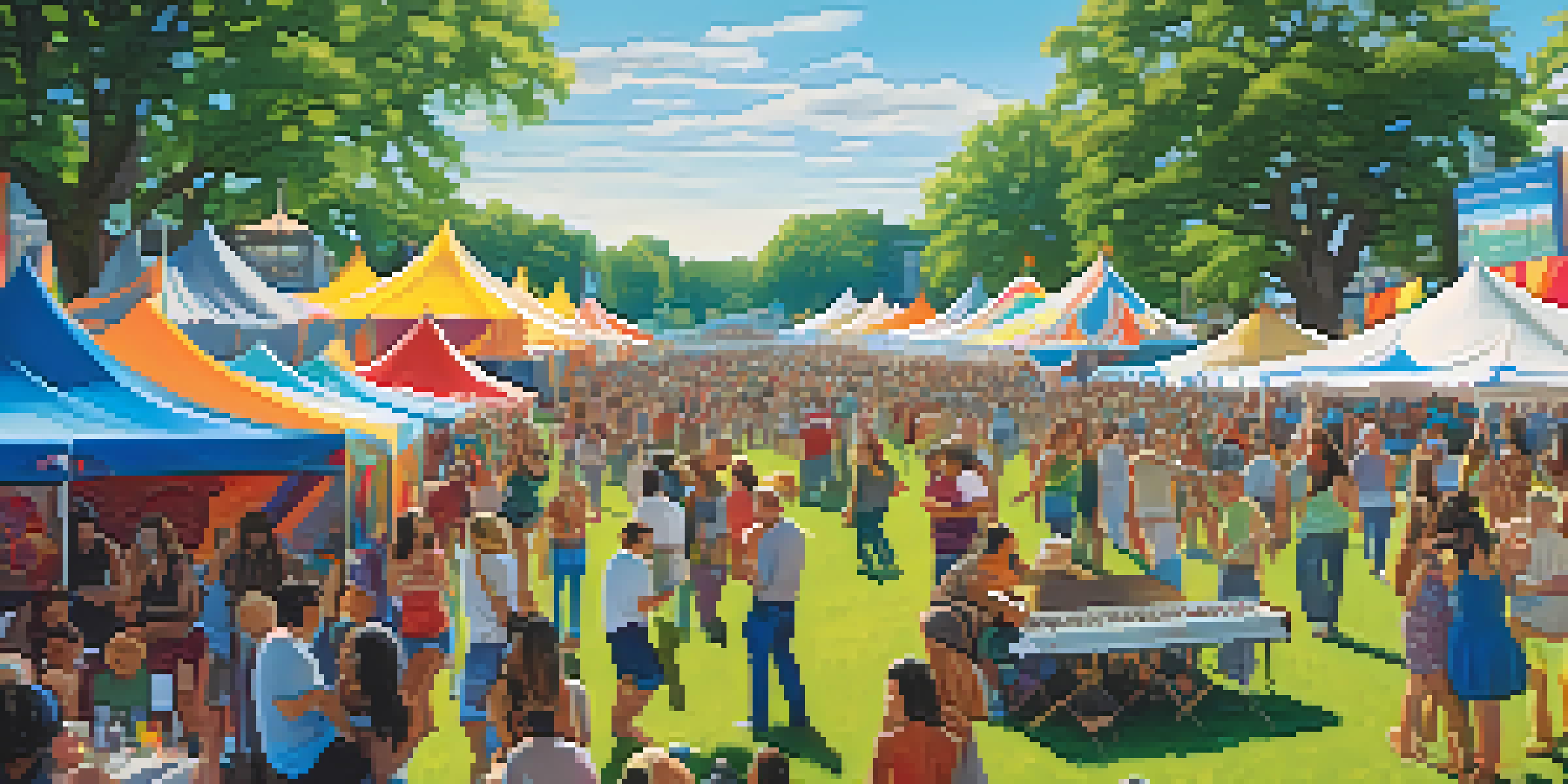 A lively outdoor music festival in Buffalo with musicians performing on multiple stages, festival-goers dancing, and food stalls in the background by Lake Erie.