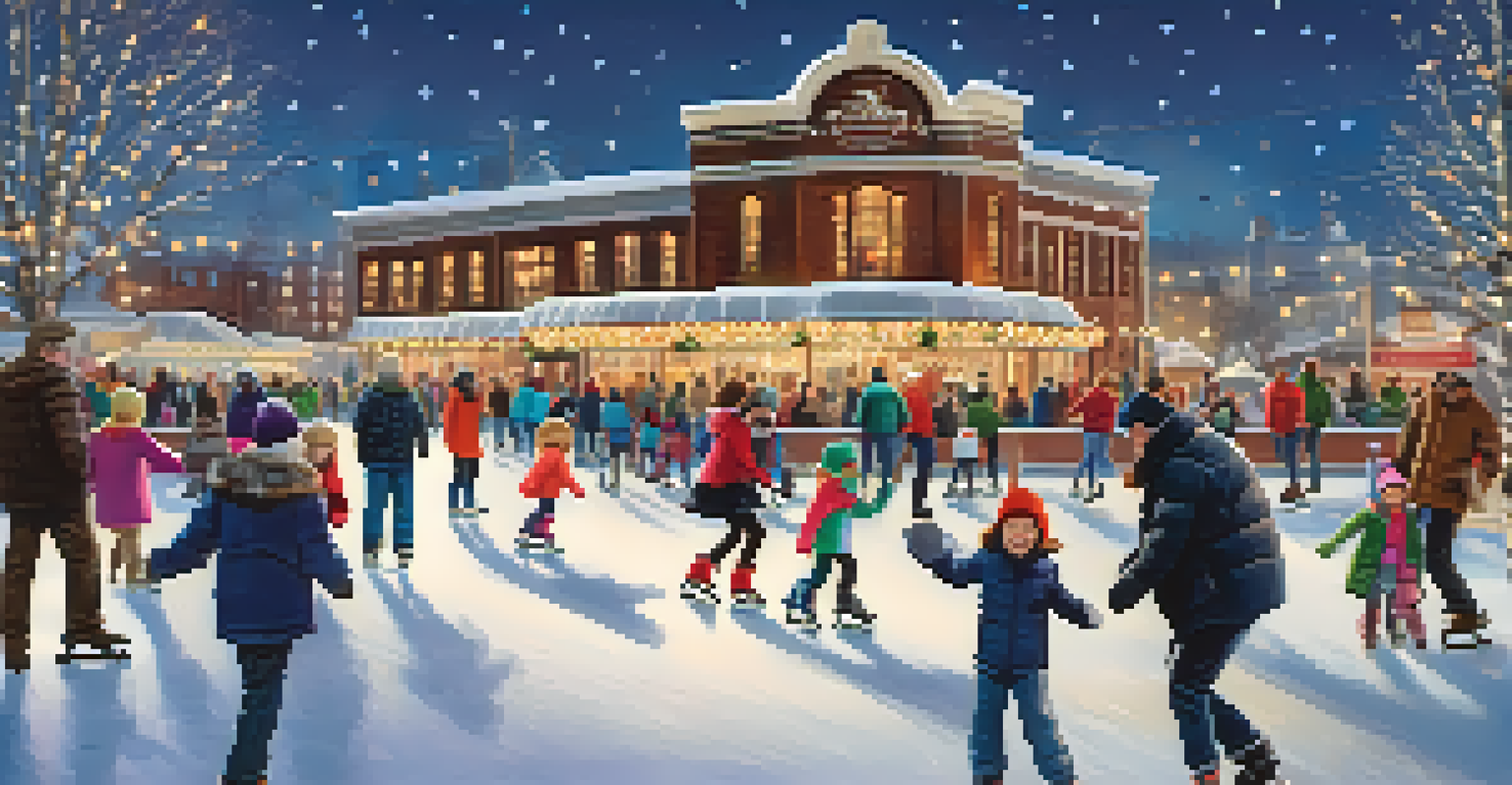 A lively ice skating rink at Canalside with skaters enjoying the winter season and nearby holiday decorations.