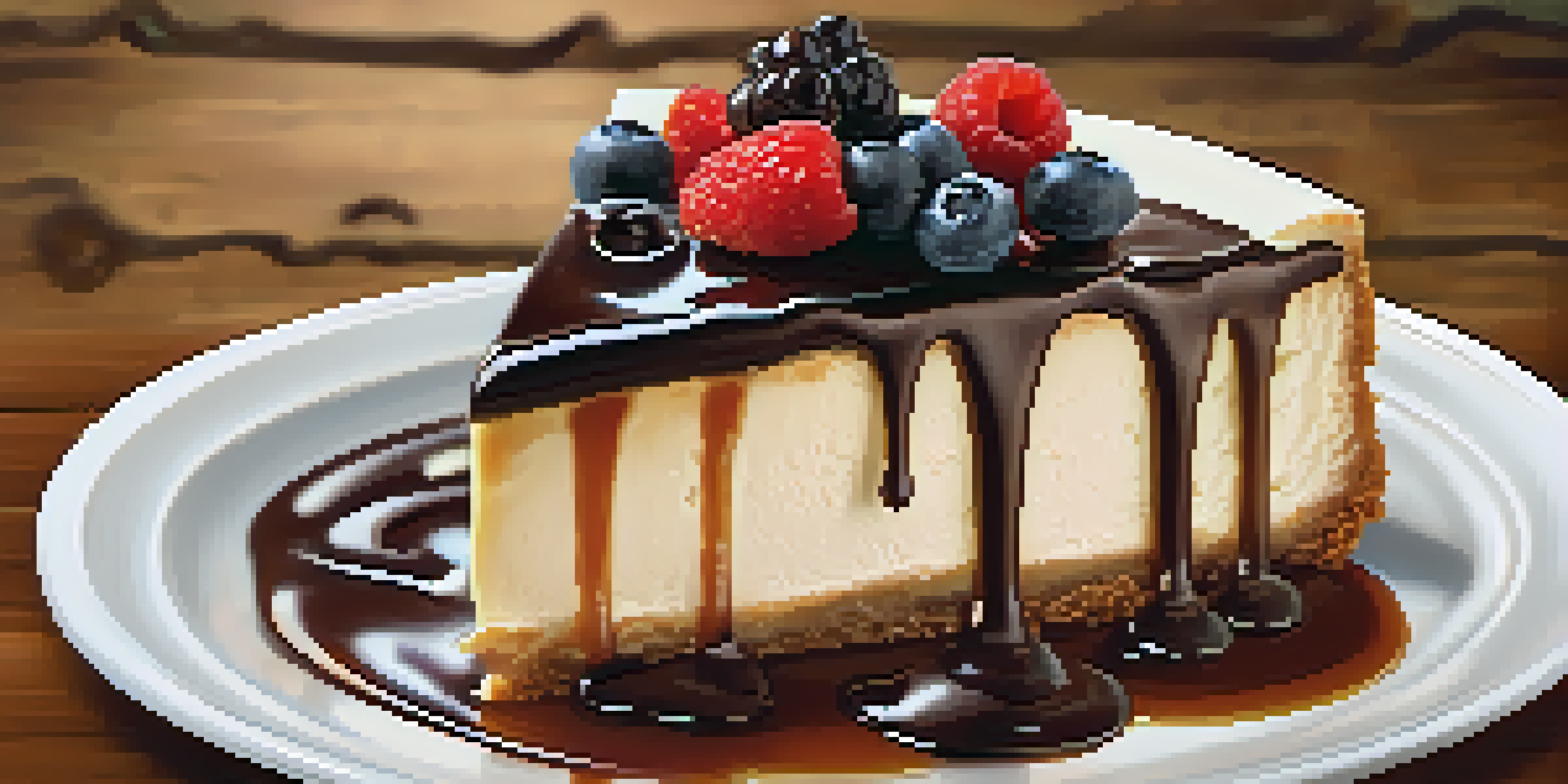 A delicious slice of Buffalo cheesecake with chocolate swirl, topped with fresh berries, on a rustic wooden table.